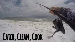 Fishing in a ROUGH SURF from the Beach (Catch, Clean, Cook)