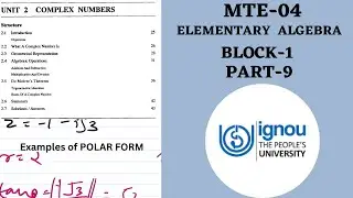 IGNOU, B.Sc., IGNOU Math Lecture, MTE-04,Elementary Algebra,Block-1,Unit-2,Polar Form, Part -09Hindi