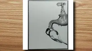 Easy Pencil Sketch Drawing Bird Trying To Drink Tap Water