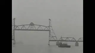The Second Narrows Railway Bridge in about 1934 with the lift span up