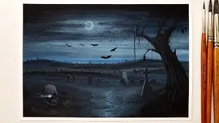 Halloween Painting with Gouache ｜ Spooky Night Landscape Painting