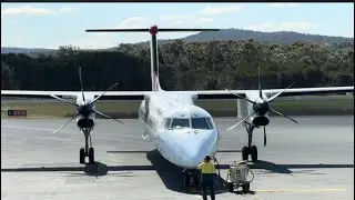 Qantas Link Dash 8-Q400 starts up & departs Merimbula on 03. Rex Saab 340 arrival 