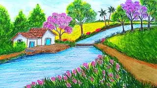A drawing of a house and a lake easy and beautiful for beginners step by step