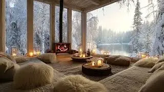 Wild Snow Wind Around a Cozy Cabin with Fireplace Sounds for Stress Relief and Deep Sleep