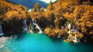 Paradise Waterfall into Turquoise Lake | Autumn Forest Sounds | 2 Hours Relaxation