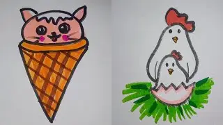 How to draw easy colourful icecream and Hen drawing | Simple Cute creative drawing painting tutorial