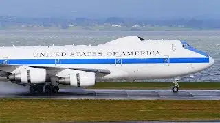 DOOMSDAY PLANE USAF E-4B Windy Landing on Wet Runway | Auckland Airport Plane Spotting [4K50]
