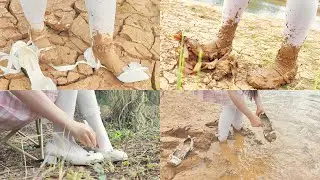 White leather shoes and white high heels on mud(48)(Full video 22min 37sec)