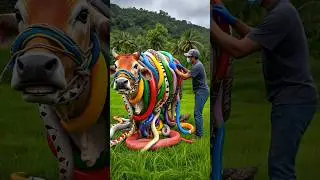 Rescue team saves cow from snake attack 😮 Incredible footage 💖 #shorts  #animalrescue  #cowrescue