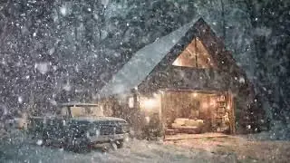 Snowstorm Evening on a Rustic Cabin Porch ❄️ Soft Warm Lights & Intense Winter Ambience