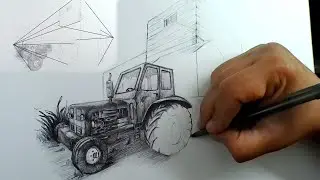How to draw an old farm tractor using two-point perspective, black pen.