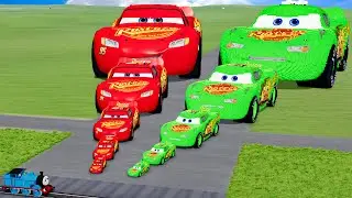 Big & Small Red Lightning Mcqueen vs Green Lego Lightning Mcqueen vs Train | BeamNG.Drive