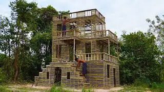 Build The Most Creative 3- Story Mud Villa House in The Forest By Primitive Survival