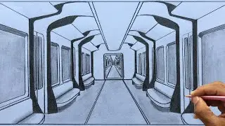 How to Draw using 1-Point Perspective : Interior Design of Train step-by-step