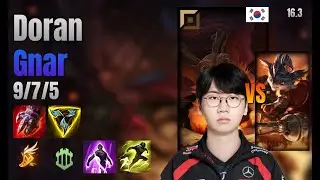 Doran Top Gnar vs Rumble lol KR solo rank Full Game 16.3 | 도란 나르 vs 럼블