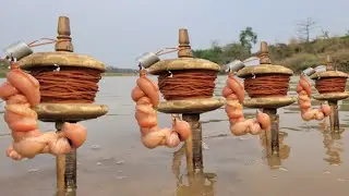Wooden wheel Hook fishing system Village boy Hunting Fishing in beautiful river. #fish_trap