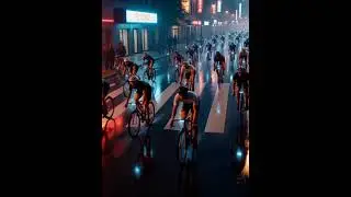 A large group of cyclists on fixed-gear bikes speeding through a rain-slicked city street at night