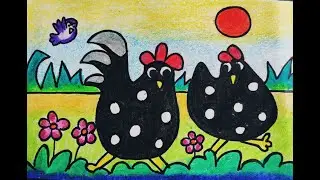 Drawing and coloring a cartoon rooster and hen for kids.