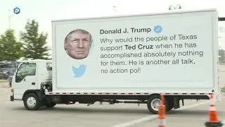 Mobile billboard of Trump criticizing Cruz seen at AT&T Stadium
