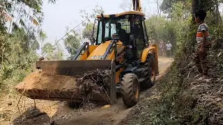 JCB Backhoe Loader - Cutting Hill - Widening Narrow Hilly Road - JCB Pushing Soil and Leveling Road