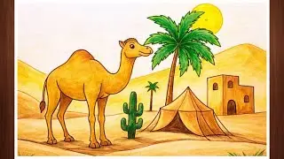 How to draw scenery of Desert with Camel step by step easy