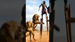 Lions Jumping to Kill a Man on Stilts | Real Survival Moment 😱 #lion #ai video #animalshort