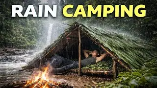 Building a Primitive Shelter by the River | Rain & Stream Sounds for Sleeping