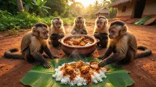 Monkey Chef Cooking Spicy Chicken Curry with Rice! 🍛 Amazing Village Life