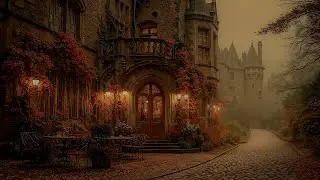 Misty Autumn Castle Street Ambience with Rainfall | Autumn Dark Academia Piano Playlist for Relax