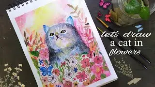 'Drawing of a Cat in flowers'  speed video with water & colour