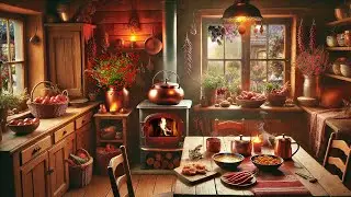 Cozy Kitchen Ambience - Cooking on a Rainy Day with Rain Thunderstorm and Fireplace Sounds