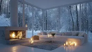 Evening Jazz for a Snowy Night: Luxury Modern Living Room with Fireplace and Snowing Outside