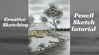 Creative Pencil Sketch Tutorial | Easy Village Hut & Tree Landscape Drawing