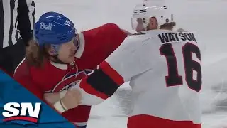Canadiens' Michael Pezzetta And Senators' Austin Watson Square Off In Centre Ice