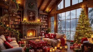 The Cozy Atmosphere Of A Winter Log Cabin, Falling Snow The Crackling Sound Of Fire In The Fireplace