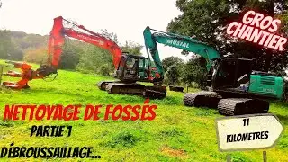 nettoyage et curage  de foss&eacute;s. partie 1, d&eacute;broussaillage . pelle hitachi 160 et kobelco 180