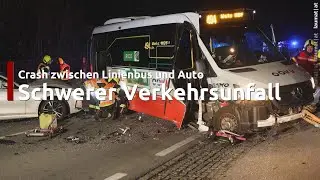 Crash zwischen Linienbus und Auto auf Pyhrnpass Stra&szlig;e in Thalheim bei Wels fordert zwei Verletzte