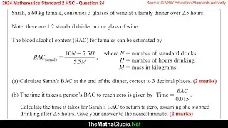2024 Maths Standard 2 HSC Q24 Calculate blood alcohol content (BAC) & time for BAC to return to zero