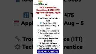 IOCL Apprentice Recruitment 2025 | 475 Apprentice Posts | Apply Now!