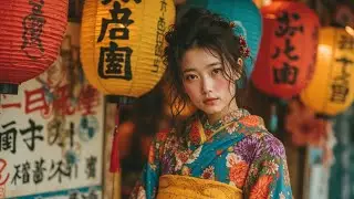 Kyoto Festival Charm: Young Woman in Colorful Yukata & Relaxing Japanese Music Sounds