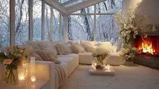 Cozy White Floral Piano Ambience | Fireplace Glow and Snowfall for Focus