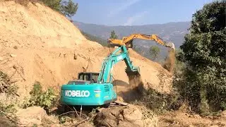 Hyundai VS Kobelco Excavator Cutting Hill- Hilly Road Construction - Excavator Leveling The Road 2