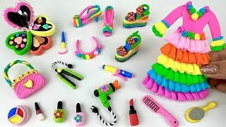 DIY How to Make Polymer Clay Miniature Makeup Set with Unicorn Dress, Eyeshadow, Lipstick | ASMR