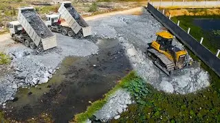 The Perfectly Dynamic Bulldozer Clearing  Rock Be The Same Level With 12 Wheel Truck Great Delivery