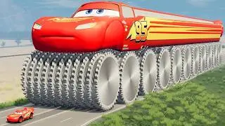 GIANT Long McQueen with HUGE Saw Wheels vs Big & Small Lightning McQueen LIVE | BeamNG.Drive
