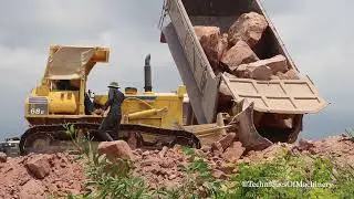 Incredible Stronger Trago 25.5t Dump Truck Unloading Rocks And Bulldozer Komatsu Pushing Big Rocks