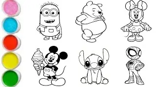 Mickey mouse and 5 more cartoon characters drawing and colouring for kids /Step by step easy drawing