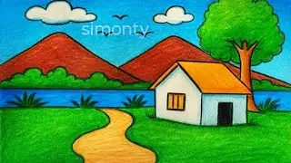 How to draw a mountain landscape with oil pastel || easy village scenery drawing || nature drawing