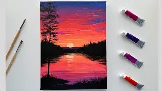 Easy Sunset Lake Acrylic Painting Tutorial | Step by Step Landscape