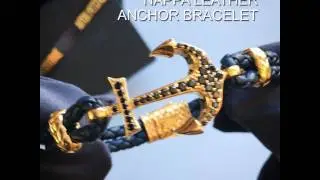 Atolyestone Mens Bracelet - Blue Nappa Leather Anchor Bracelet - Yellow  Gold